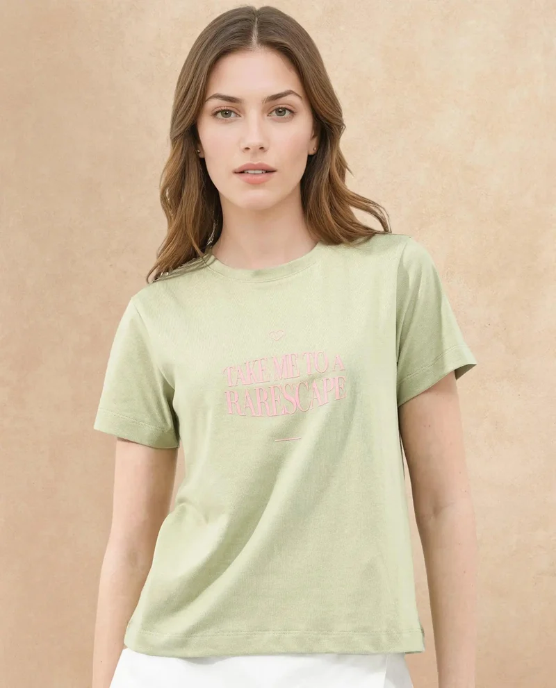 Rareism Women's Crew Neck T-Shirt With Chest Graphic