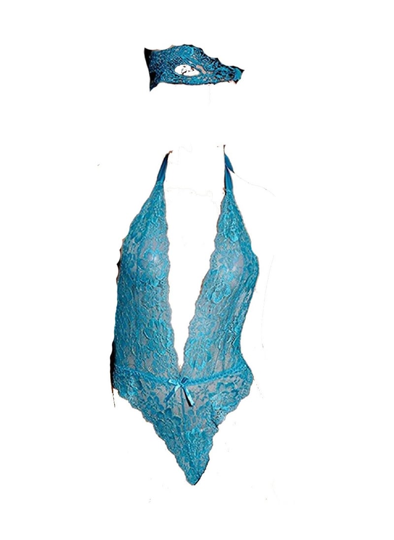Generic - Women  Crochet  Deep V Neck Halter Backless Floral Lace  Jumpsuit With Eye mask - Image 1