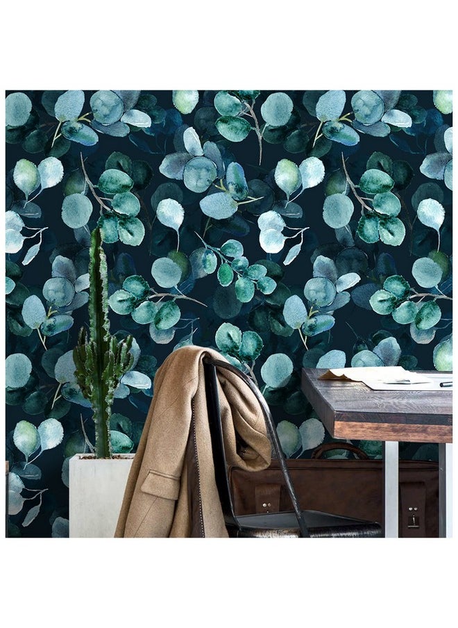 HAOKHOME - 93140 Boho Peel And Stick Wallpaper Eucalyptus Leaves Navy/Green Removable Stick On Home Decor 17.7In X 118In - Image 1