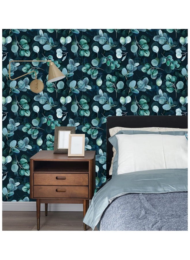 HAOKHOME - 93140 Boho Peel And Stick Wallpaper Eucalyptus Leaves Navy/Green Removable Stick On Home Decor 17.7In X 118In - Image 1