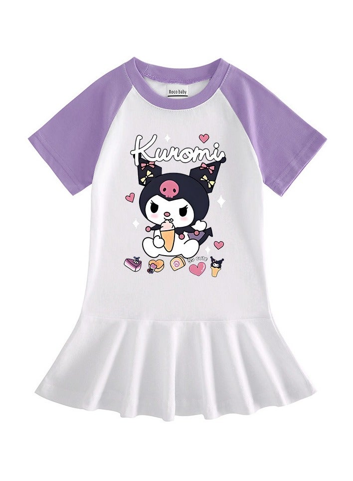Children's clothes kulomi cartoon girl half-sleeved dress contrast baby pleated ruffle skirt - Image 1