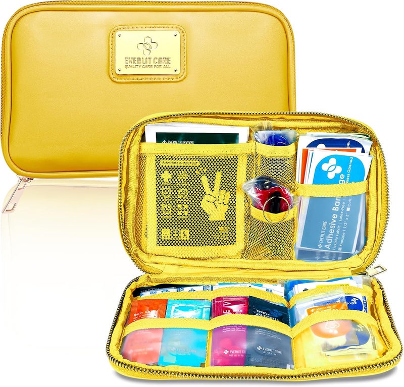 EVERLIT CARE Car First Aid Kit with Emergency Supplies Survival Gear Including Window Breaker Disposable Urine Bag Mountable Survival Kit for Family Travel in Car Yellow - Image 1