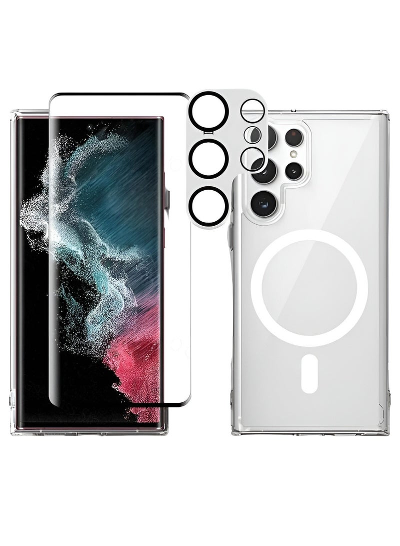 مجموعة حماية لـ جالكسي اس 24 الترا (Samsung Galaxy S24 Ultra) جراب حماية من السليكون عالي الجودة والوضوح ويدعم الشحن اللاسلكي MagSafe, واقي شاشة من النانو HD, حماية عدسات الكاميرا, مجموعة فاخرة (3in1) - Image 1