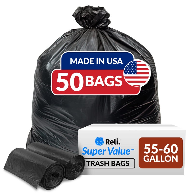 Reli. 55-60 Gallon Trash Bags Heavy Duty | 50 Bags | 50-60 Gallon | Large Black Garbage | Made in USA - Image 1