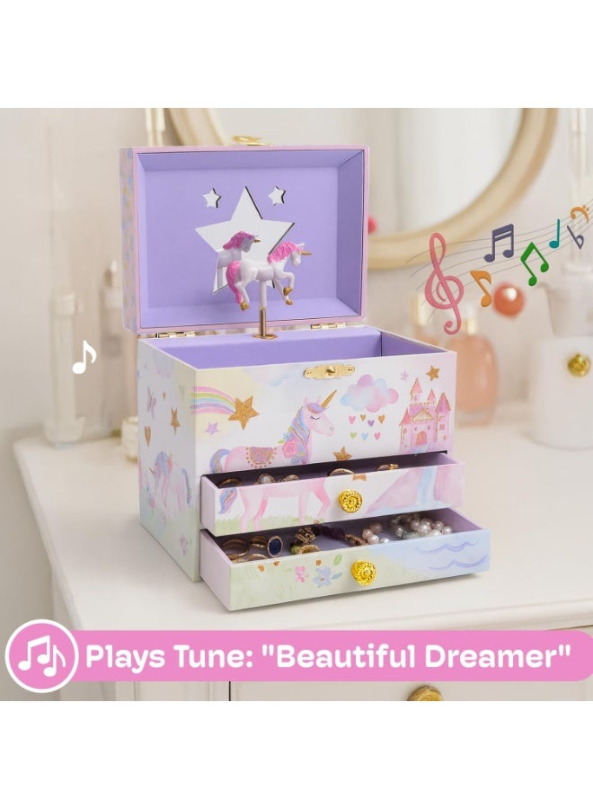 Jewelkeeper Enchanting Unicorn Musical Jewelry Box for Girls - Sparkling Rainbow Design Music Box with 2 Pullout Drawers to Store Earrings, Necklace and Bracelets - Plays The Beautiful Dreamer Tune - Image 4