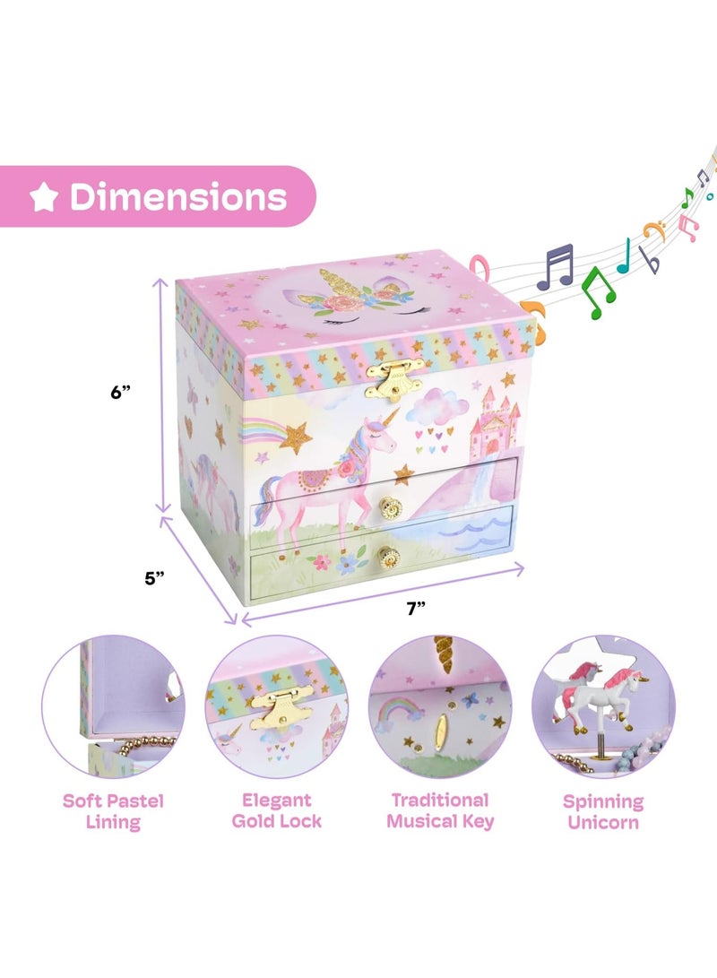 Jewelkeeper Enchanting Unicorn Musical Jewelry Box for Girls - Sparkling Rainbow Design Music Box with 2 Pullout Drawers to Store Earrings, Necklace and Bracelets - Plays The Beautiful Dreamer Tune - Image 3