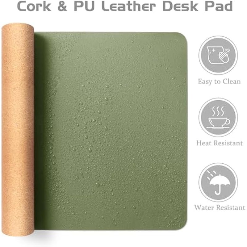 Dual-Sided Desk Pad - Leather Desk Mat, Natural Cork Desk Pad Protector, Large Mouse Pad for Desk, Waterproof Desk Blotter Pad, Desk Writing Pad for Office Work/Home, Olive Green (23.6x13.7) - Image 3