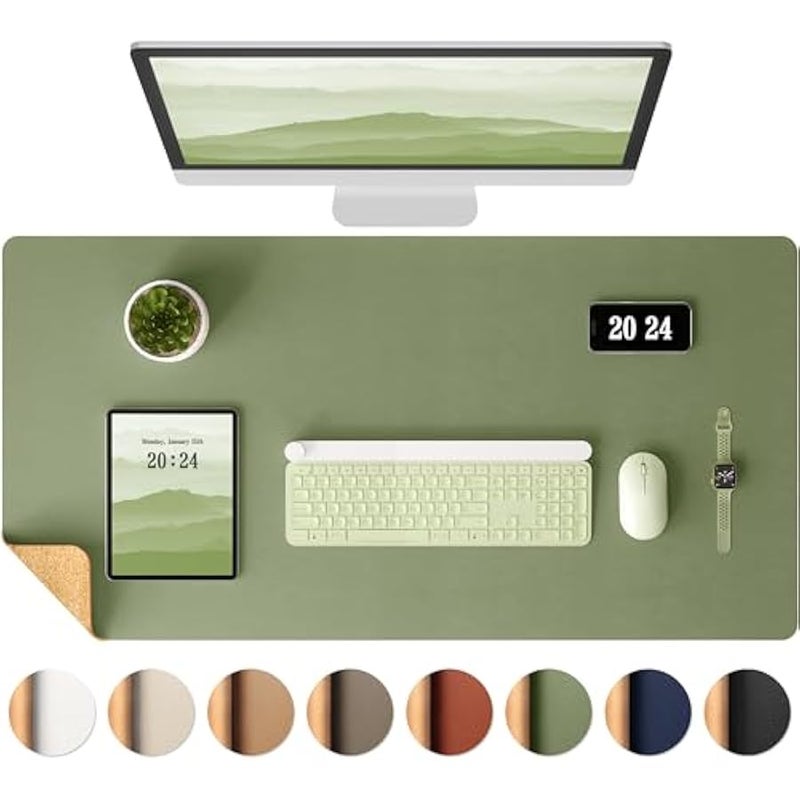 Dual-Sided Desk Pad - Leather Desk Mat, Natural Cork Desk Pad Protector, Large Mouse Pad for Desk, Waterproof Desk Blotter Pad, Desk Writing Pad for Office Work/Home, Olive Green (23.6x13.7) - Image 1