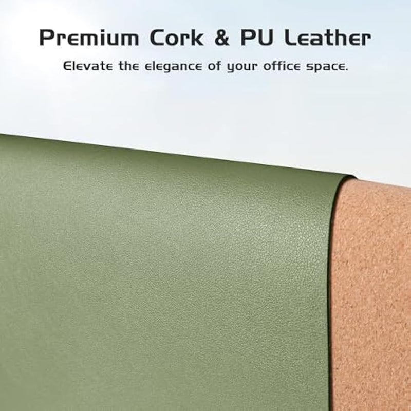 Dual-Sided Desk Pad - Leather Desk Mat, Natural Cork Desk Pad Protector, Large Mouse Pad for Desk, Waterproof Desk Blotter Pad, Desk Writing Pad for Office Work/Home, Olive Green (23.6x13.7) - Image 2