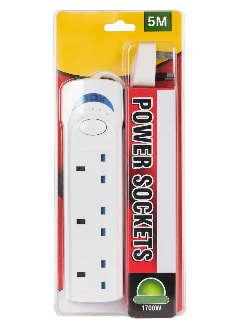 Powermax 3-Socket Extension Cord – 5 Meter Cable | 1700W Power Strip with Universal Plug Adapter | Safe & Durable Extension Board for Home, Office & Kitchen – White - Image 1