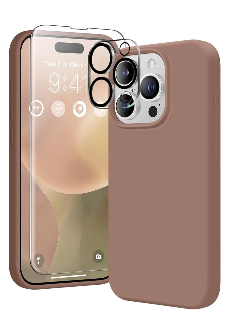 حافظة متوافقة مع آيفون 15 برو، مع 3X واقي شاشة + 3X واقي عدسة الكاميرا، حافظة هاتف مصنوعة من السيليكون السائل مقاومة للصدمات ومضادة للخدوش مع بطانة من الألياف الدقيقة (بني) - Image 1