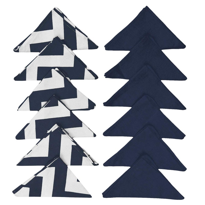 Dekor World Cotton Navy Blue Chevron Printed and Solid Napkin Set (Pack of 12) - Image 1
