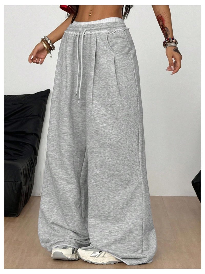 Verdusa Women's Wide Leg Baggy Pants Lightweight Sweatpants Drawstring Waist Long Trousers Grey Small - Image 2
