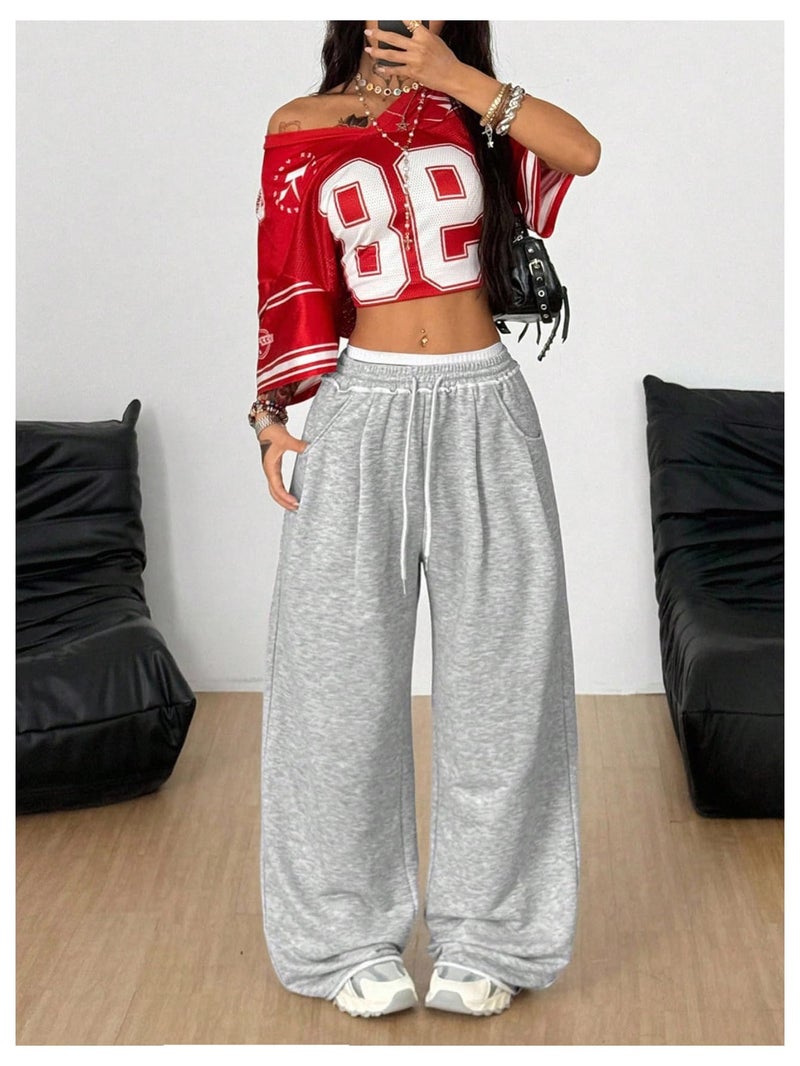 Verdusa Women's Wide Leg Baggy Pants Lightweight Sweatpants Drawstring Waist Long Trousers Grey Small - Image 5