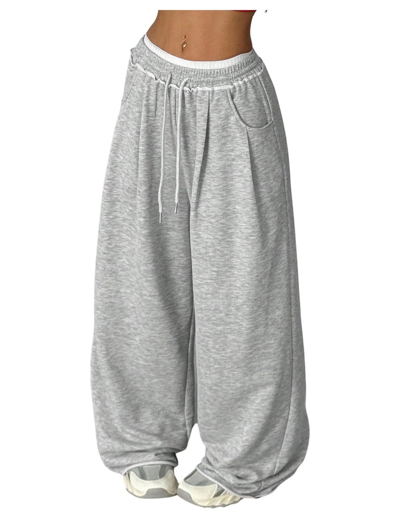 Verdusa Women's Wide Leg Baggy Pants Lightweight Sweatpants Drawstring Waist Long Trousers Grey Small - Image 1