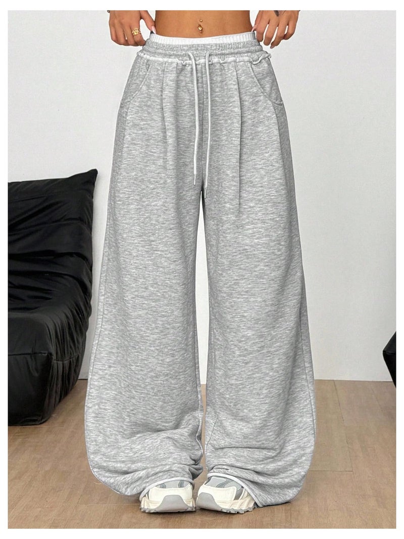 Verdusa Women's Wide Leg Baggy Pants Lightweight Sweatpants Drawstring Waist Long Trousers Grey Small - Image 4