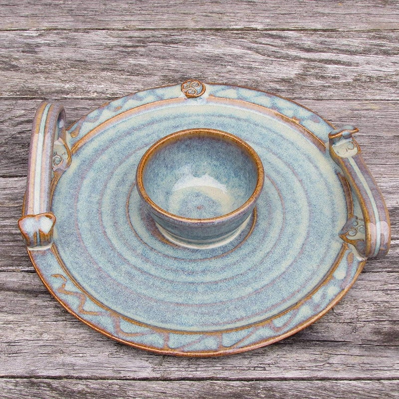 Castle Arch Pottery Ireland Castle Arch Pottery Handmade Party Platter with Dip Bowl 9 Diameter Serving Plate with Celtic Spiral Logo Original Irish Design HandGlazed for Durability and Quality of Finish Green - Image 2
