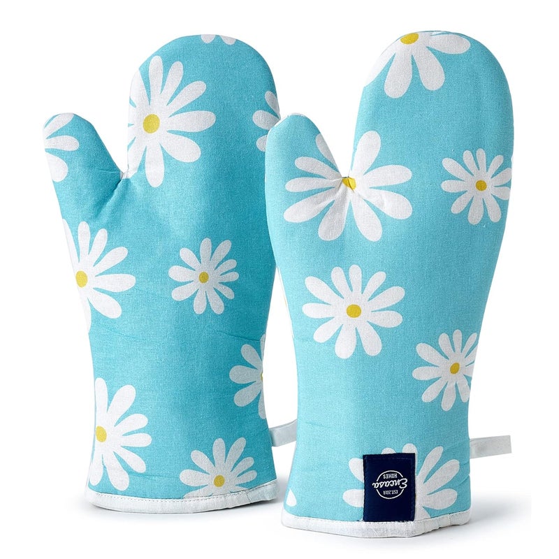 Encasa XO Encasa XO Extra Long 18x35 cm Microwave Oven Gloves Mitts 2 pcs for Kitchen Cooking Daisy Blue Heat Resistant Thick Safe Protection of Hands from Hot Utensils Gas Flame Grill Barbecue - Image 1