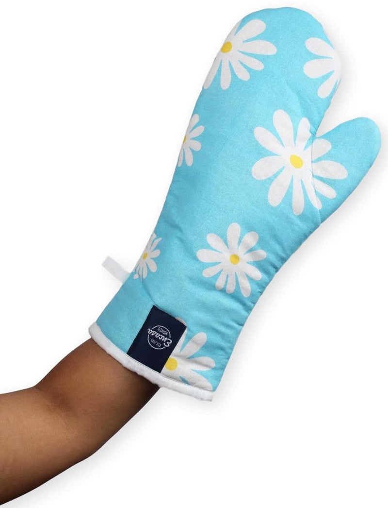 Encasa XO Encasa XO Extra Long 18x35 cm Microwave Oven Gloves Mitts 2 pcs for Kitchen Cooking Daisy Blue Heat Resistant Thick Safe Protection of Hands from Hot Utensils Gas Flame Grill Barbecue - Image 5