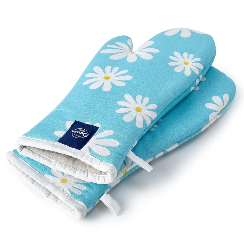 Encasa XO Encasa XO Extra Long 18x35 cm Microwave Oven Gloves Mitts 2 pcs for Kitchen Cooking Daisy Blue Heat Resistant Thick Safe Protection of Hands from Hot Utensils Gas Flame Grill Barbecue - Image 2