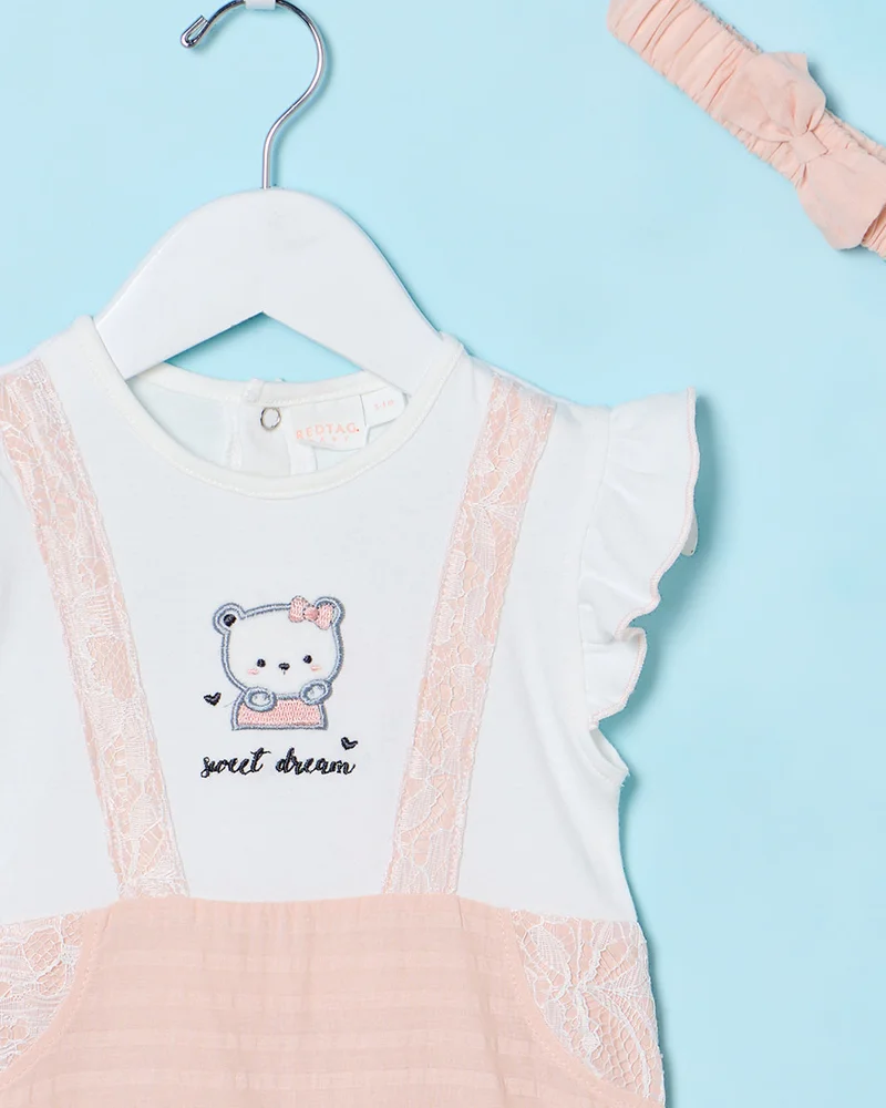 Redtag Baby White and Peach And Embroidered Romper Set