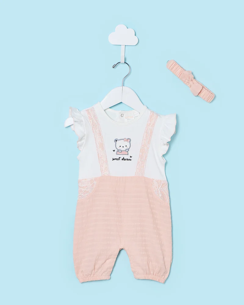 Redtag Baby White and Peach And Embroidered Romper Set