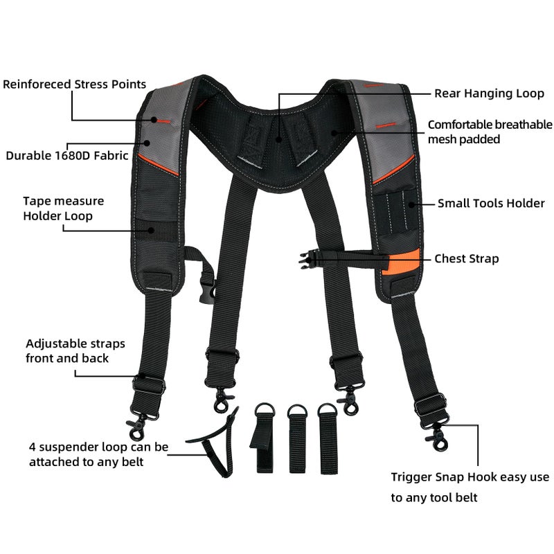 Kunn Tool Belt Suspenders Padded Carpenter Construction Electrician Work Suspender With Attachment Loops For Men Grey - Image 2