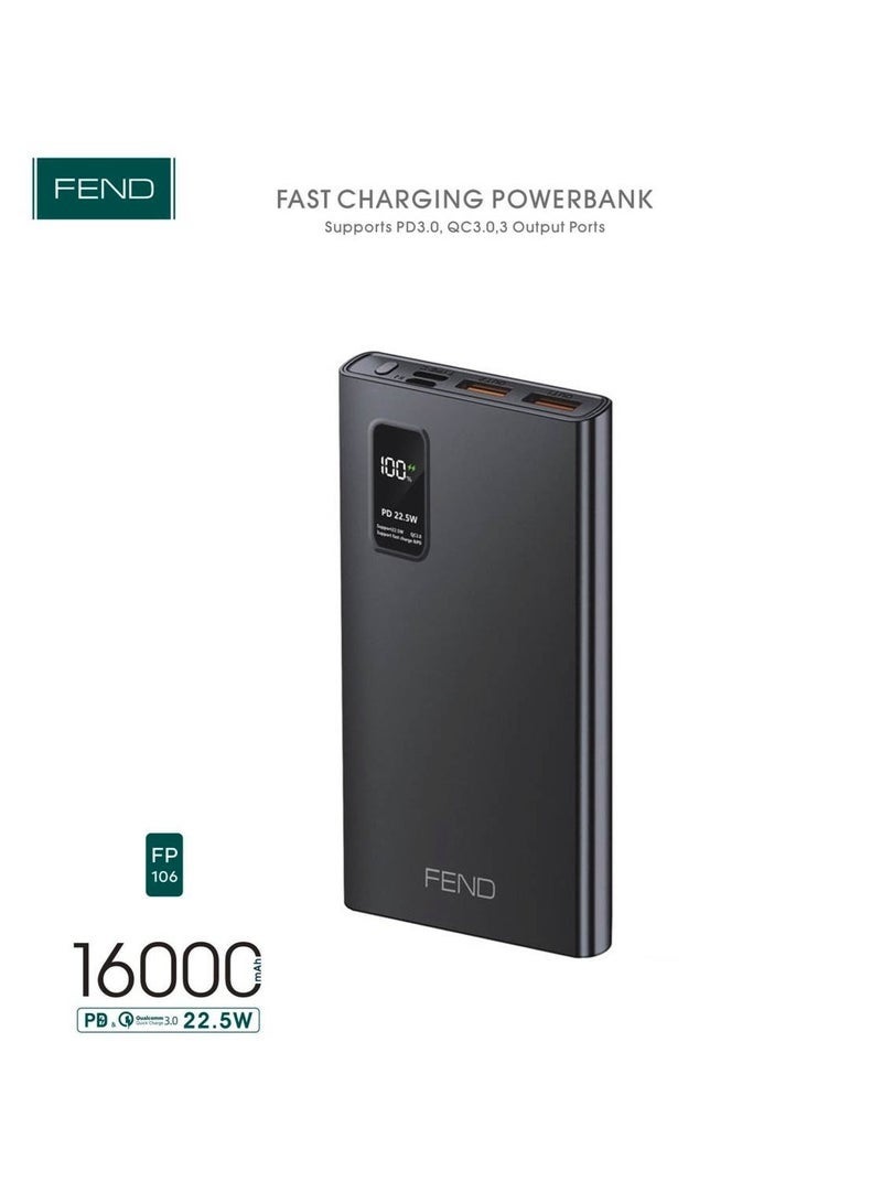 FEND FP106 16000mAh Power Bank | 22.5W Fast Charging Portable Battery Pack | Dual USB Output with Smart Digital Display | Compact Lightweight Design for Smartphones, Tablets & Devices – Black - Image 1
