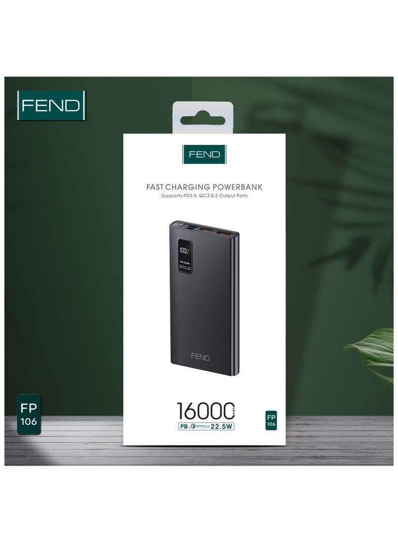 FEND FP106 16000mAh Power Bank | 22.5W Fast Charging Portable Battery Pack | Dual USB Output with Smart Digital Display | Compact Lightweight Design for Smartphones, Tablets & Devices – Black - Image 3
