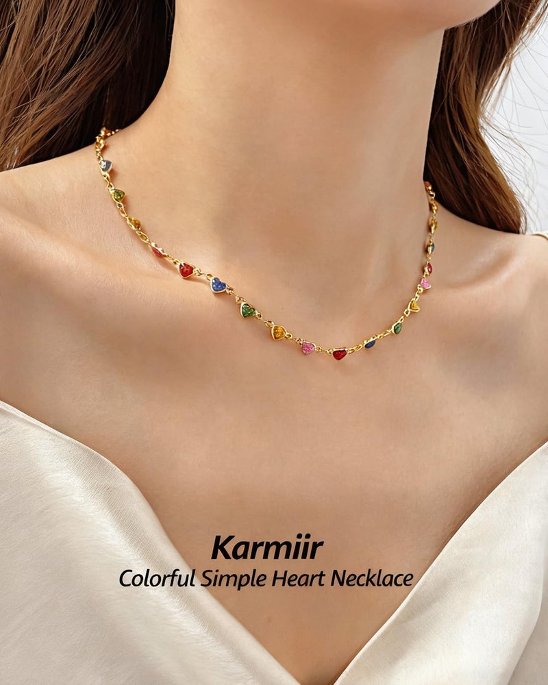 Karmiir Small Heart Necklace for Women - 18K Gold/Silver/Colorful Plated Heart Choker Necklace - Cute Tiny Simple Minimalist Necklace Women's Dainty Layered Jewelry (Colorful-Gold) - Image 5