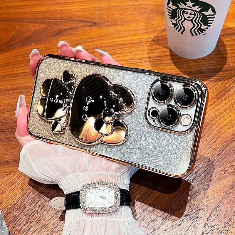Suitable for Apple 17Promax Electroplated Rabbit Stand Mobile Phone Case Makeup Mirror Iphone16 Glitter Gradient Protective Cover - Image 2