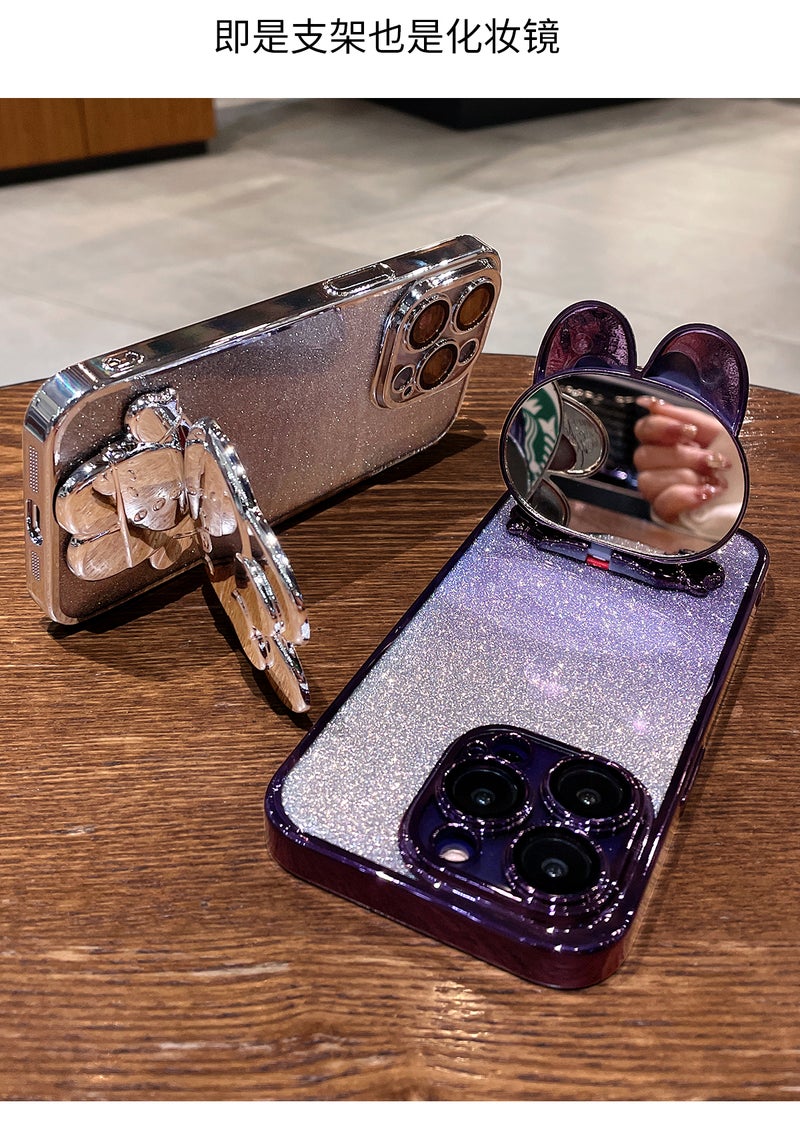 Suitable for Apple 17Promax Electroplated Rabbit Stand Mobile Phone Case Makeup Mirror Iphone16 Glitter Gradient Protective Cover - Image 4