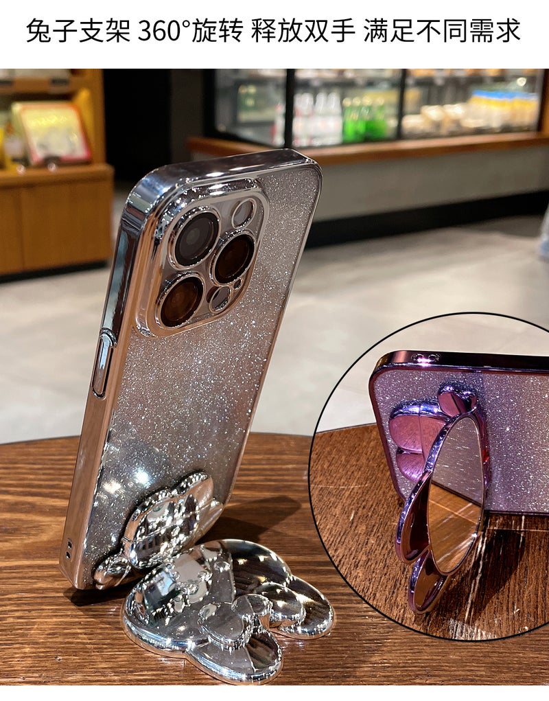 Suitable for Apple 17Promax Electroplated Rabbit Stand Mobile Phone Case Makeup Mirror Iphone16 Glitter Gradient Protective Cover - Image 3