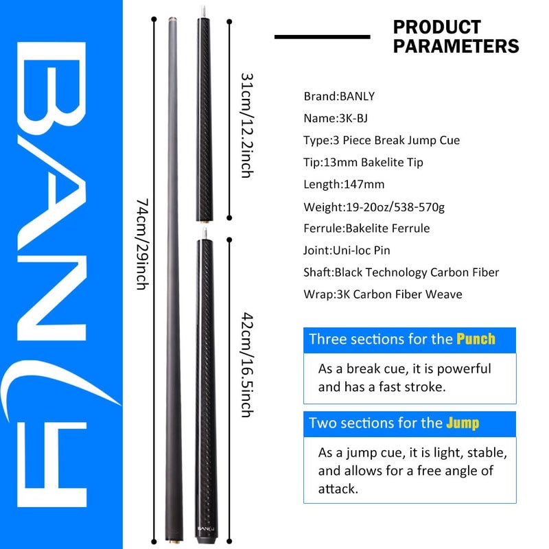 Banly 3K Heavy Hitter Break Cue - Carbon Fiber Jump Break Pool Cue Stick with 13mm Tip, 3-Pieces Professional Billiard Pool Stick - Image 5