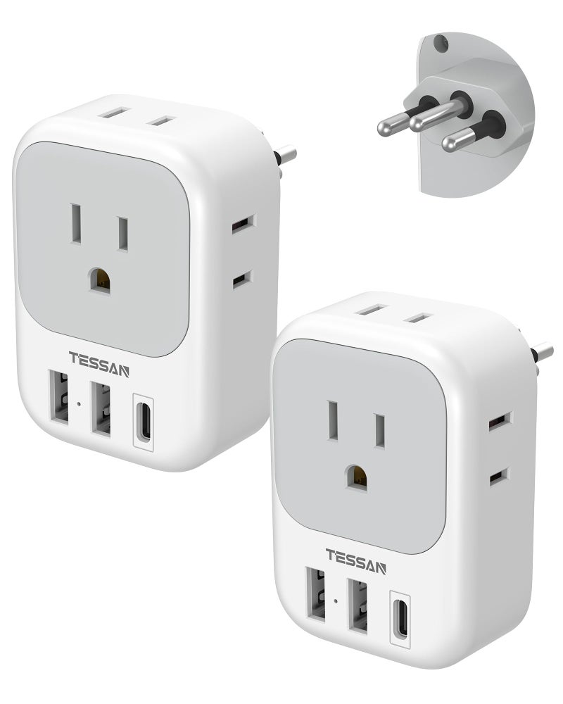 TESSAN Brazil Plug Adapter 2 Pack, 7 in 1 US to Brazil Power Adapter with 3 USB Ports (1 USB-C Port) 4 American Outlets, Type N Travel Adaptor for USA to Brazilian - Image 1