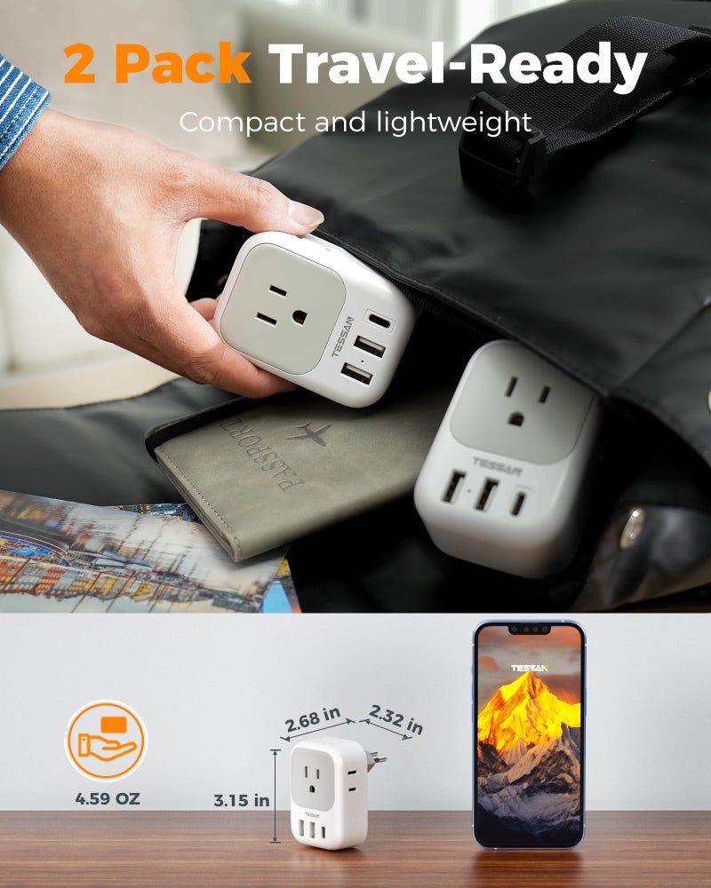 TESSAN Brazil Plug Adapter 2 Pack, 7 in 1 US to Brazil Power Adapter with 3 USB Ports (1 USB-C Port) 4 American Outlets, Type N Travel Adaptor for USA to Brazilian - Image 5