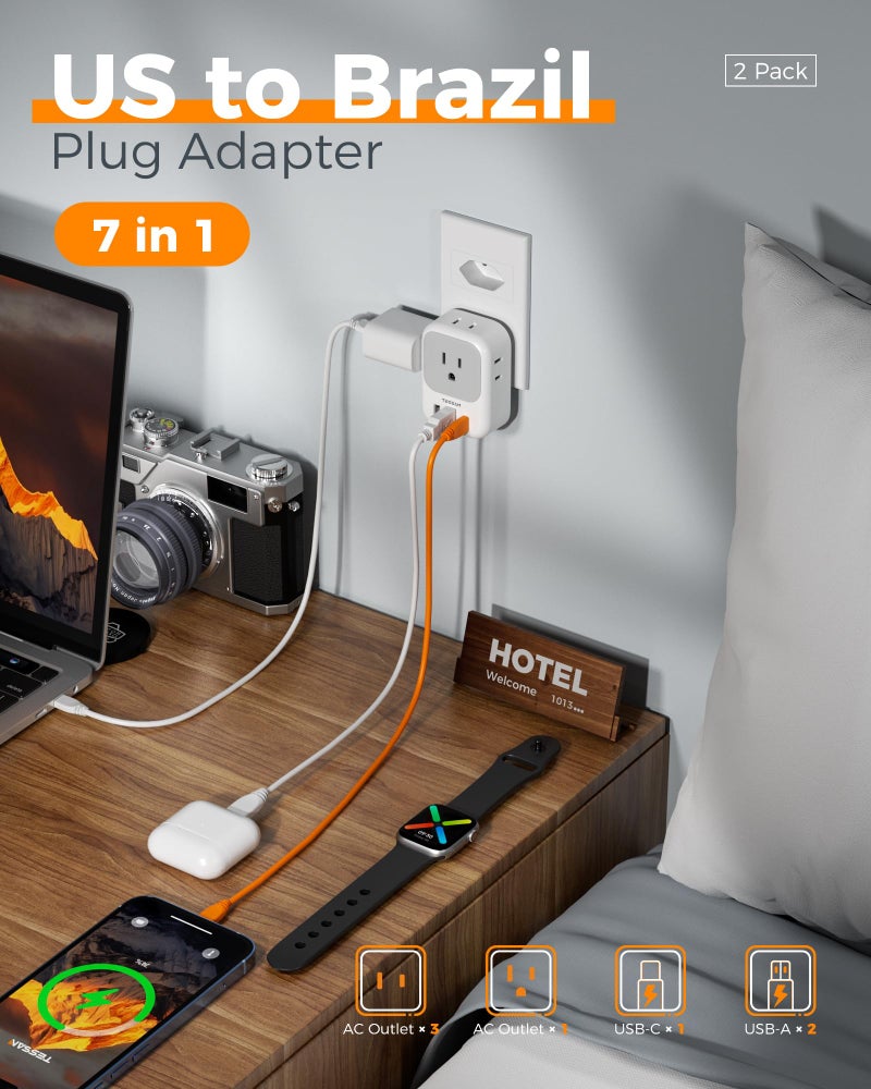 TESSAN Brazil Plug Adapter 2 Pack, 7 in 1 US to Brazil Power Adapter with 3 USB Ports (1 USB-C Port) 4 American Outlets, Type N Travel Adaptor for USA to Brazilian - Image 3