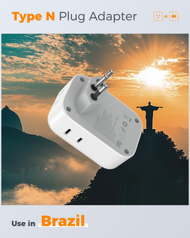 TESSAN Brazil Plug Adapter 2 Pack, 7 in 1 US to Brazil Power Adapter with 3 USB Ports (1 USB-C Port) 4 American Outlets, Type N Travel Adaptor for USA to Brazilian - Image 2
