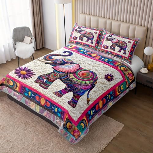 Tuzaovy Mandala Elephant Quilt Bedding Set Queen Size for Kid Teen Room Decor,Bohemian Vintage Bedspread Sets Bedding Queen Size,Bohemian Elephant Bed Cover for Boys and Girls Bedroom Decor - Image 2