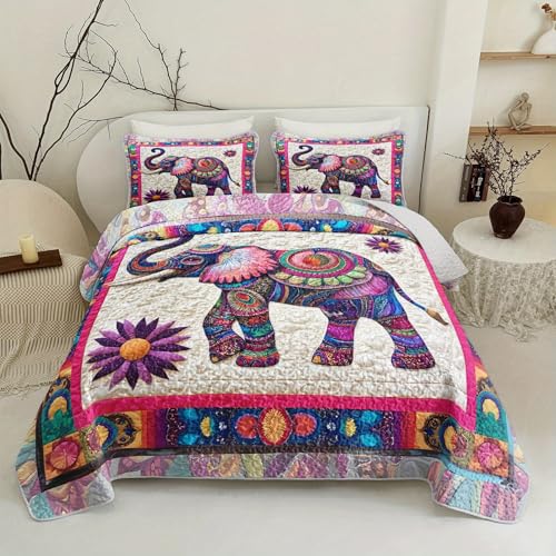 Tuzaovy Mandala Elephant Quilt Bedding Set Queen Size for Kid Teen Room Decor,Bohemian Vintage Bedspread Sets Bedding Queen Size,Bohemian Elephant Bed Cover for Boys and Girls Bedroom Decor - Image 1