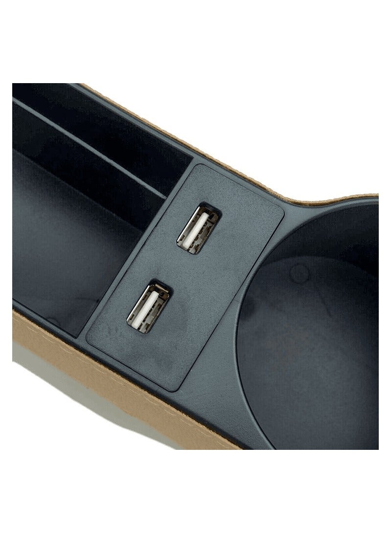 Car Cup Holder Expander with PU Leather Cover Multifunction Car Seat Pocket Phone Mount Organizer With Cigarette Case Slot Beige and Black 1 PC - Image 3