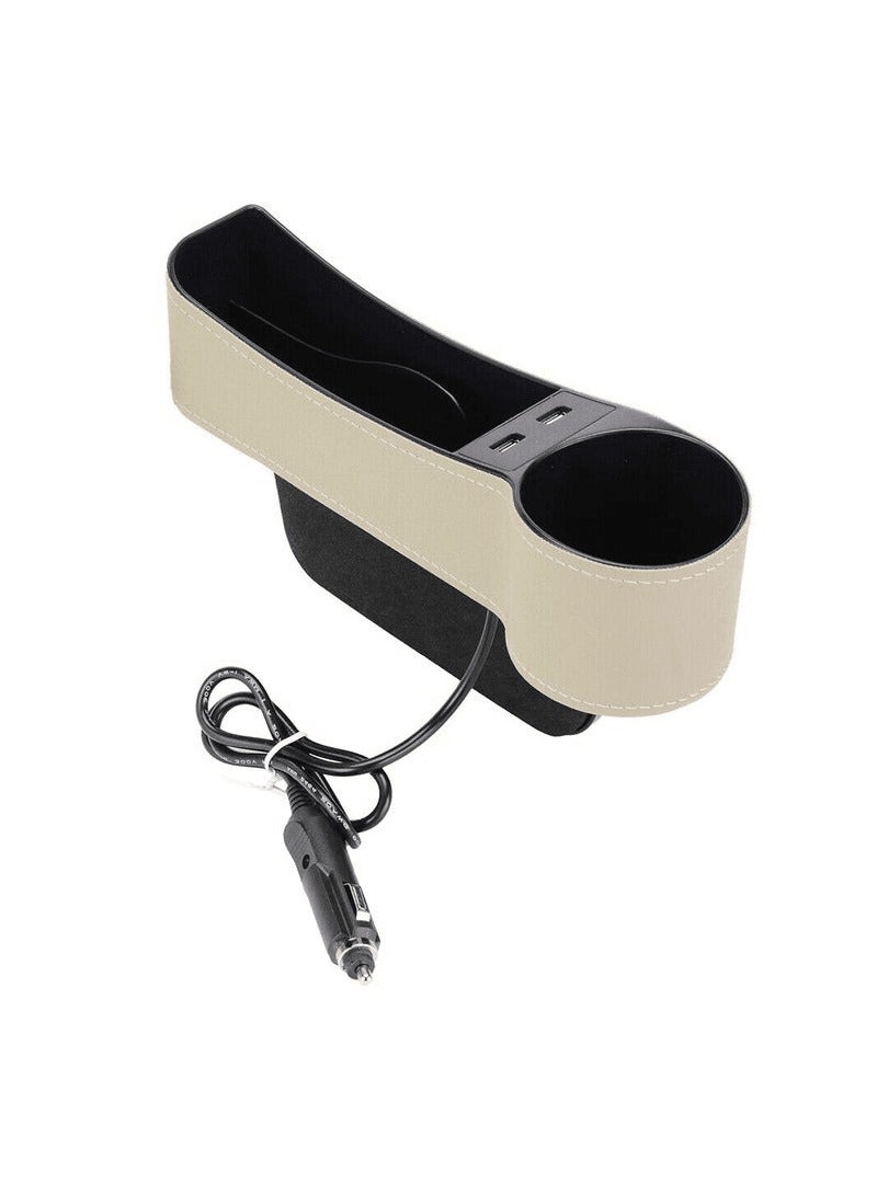 Car Cup Holder Expander with PU Leather Cover Multifunction Car Seat Pocket Phone Mount Organizer With Cigarette Case Slot Beige and Black 1 PC - Image 1