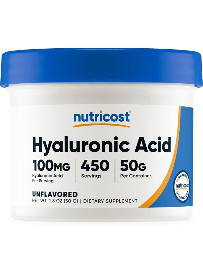 Nutricost مسحوق حمض الهيالورونيك 50 جرام - قابل للذوبان في الماء، مسحوق ناعم، خالي من الغلوتين، غير معدل وراثيًا - Image 1
