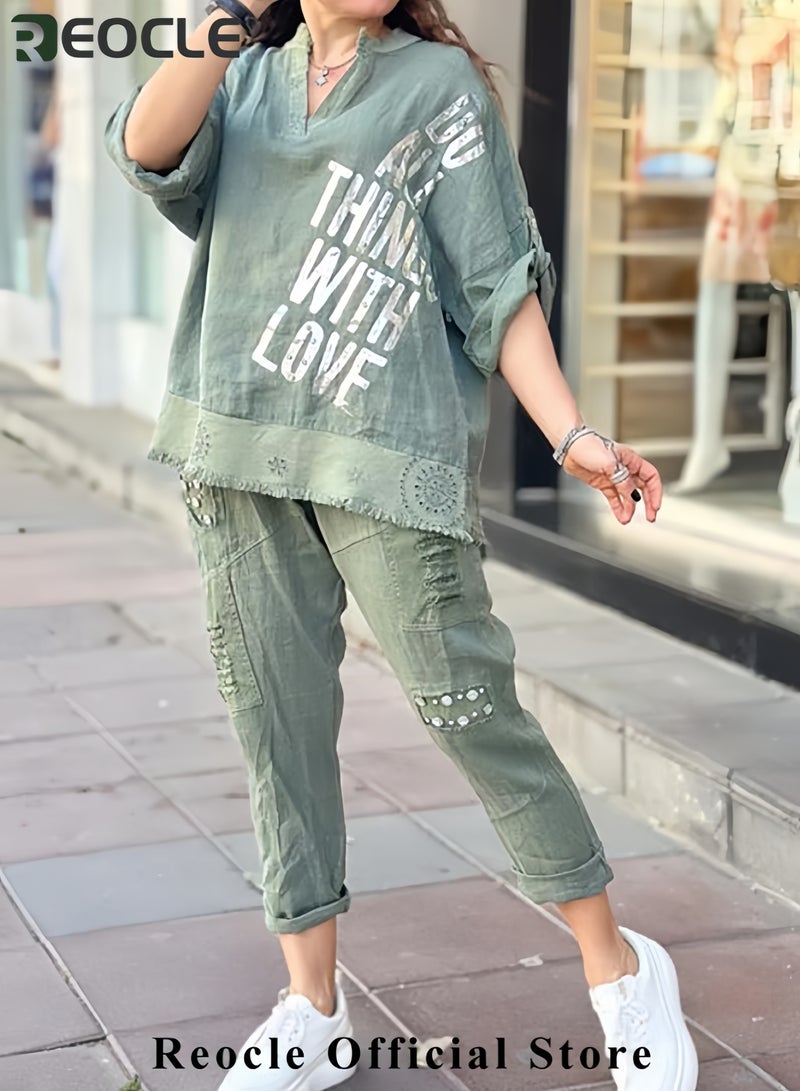 ريوكل طقم ملابس استرخاء نسائي تيشيرت بنصف أكمام وياقة على شكل حرف V مع طباعة حروف طقم بنطلون مكون من قطعتين ملابس رياضية واسعة، ملابس استرخاء للسيدات طقم بدلة رياضية - Image 3