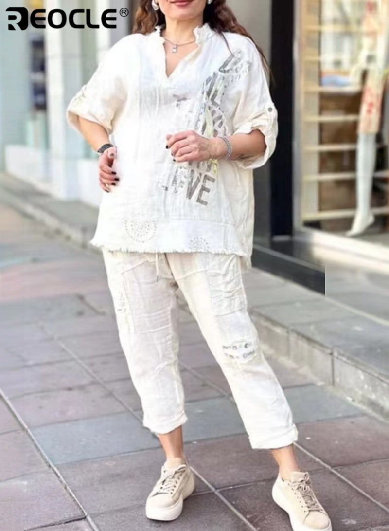 ريوكل طقم ملابس استرخاء نسائي تيشيرت بنصف أكمام وياقة على شكل حرف V مع طباعة حروف طقم بنطلون مكون من قطعتين ملابس رياضية واسعة، ملابس استرخاء للسيدات طقم بدلة رياضية - Image 1