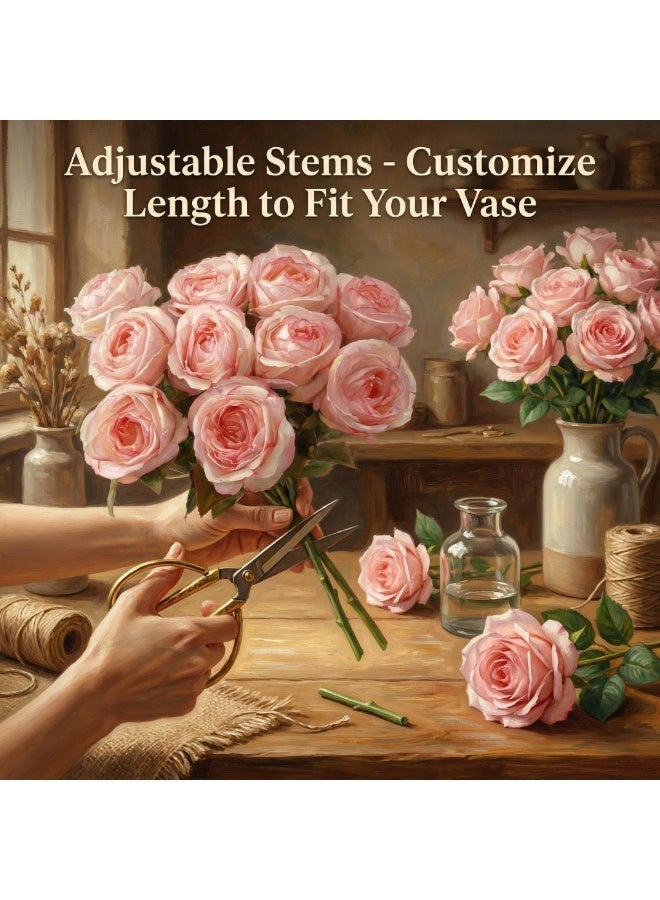 11 قطع من ورد وردي صناعي من الحرير - ورد وردي وهمي واقعي مع سيقان لزينة الحفلات والمنزل ومراكز الطاولات - Image 5