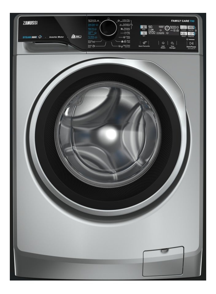 زانوسي غسالة زانوسي STEAMMAX اتوماتك 7 كيلو تحميل امامي فضي باب اسود بإطار فضي انفرتر موتور ZWF7221SS7