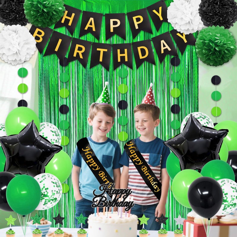 FINDRICH Green Birthday Decorations , 50PCS Happy Birthday Decorations for Men with Banner Balloons Sash Foil Fringe Curtain Paper Pompoms, Green and Black Party Decorations Party Supplies for Mens Boys Kids - Image 4