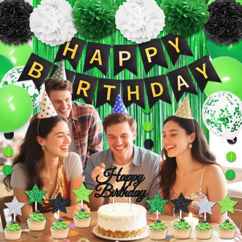 FINDRICH Green Birthday Decorations , 50PCS Happy Birthday Decorations for Men with Banner Balloons Sash Foil Fringe Curtain Paper Pompoms, Green and Black Party Decorations Party Supplies for Mens Boys Kids - Image 2