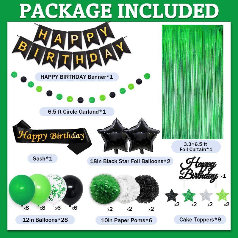 FINDRICH Green Birthday Decorations , 50PCS Happy Birthday Decorations for Men with Banner Balloons Sash Foil Fringe Curtain Paper Pompoms, Green and Black Party Decorations Party Supplies for Mens Boys Kids - Image 3